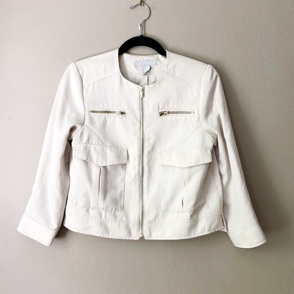 H&M cream cropped moto jacket